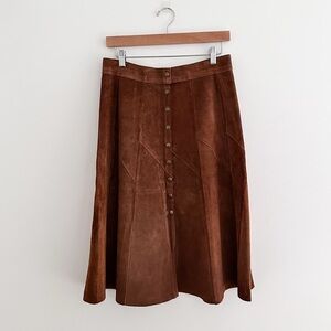 Vintage Suede A-Line Midi Skirt Button Front Leather 1970's Tan Skirt 29" Waist